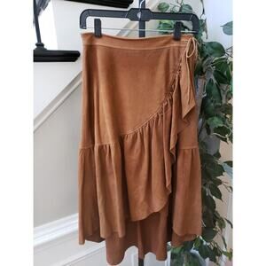 Ulla Johnson Tiered Skirt Womens Small Brown Tencel Miko Suede Ruffle Tie Waist